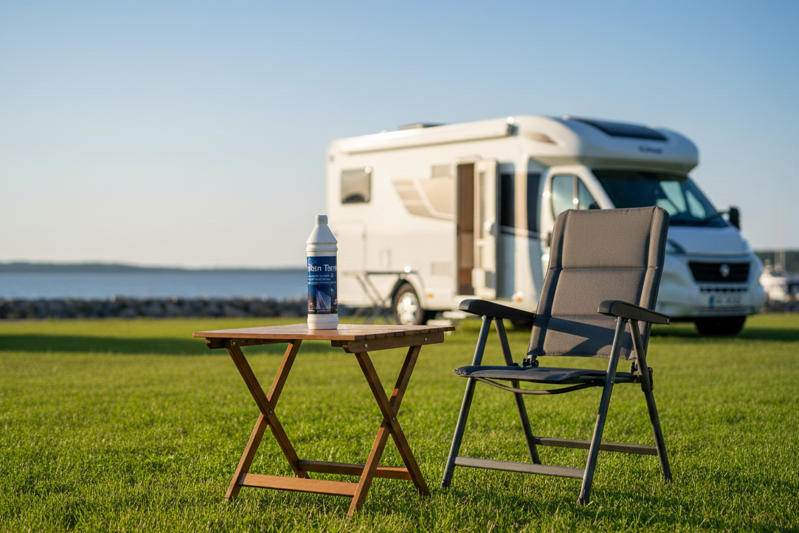 Autocamper in nature with Ren Tank bottle on table